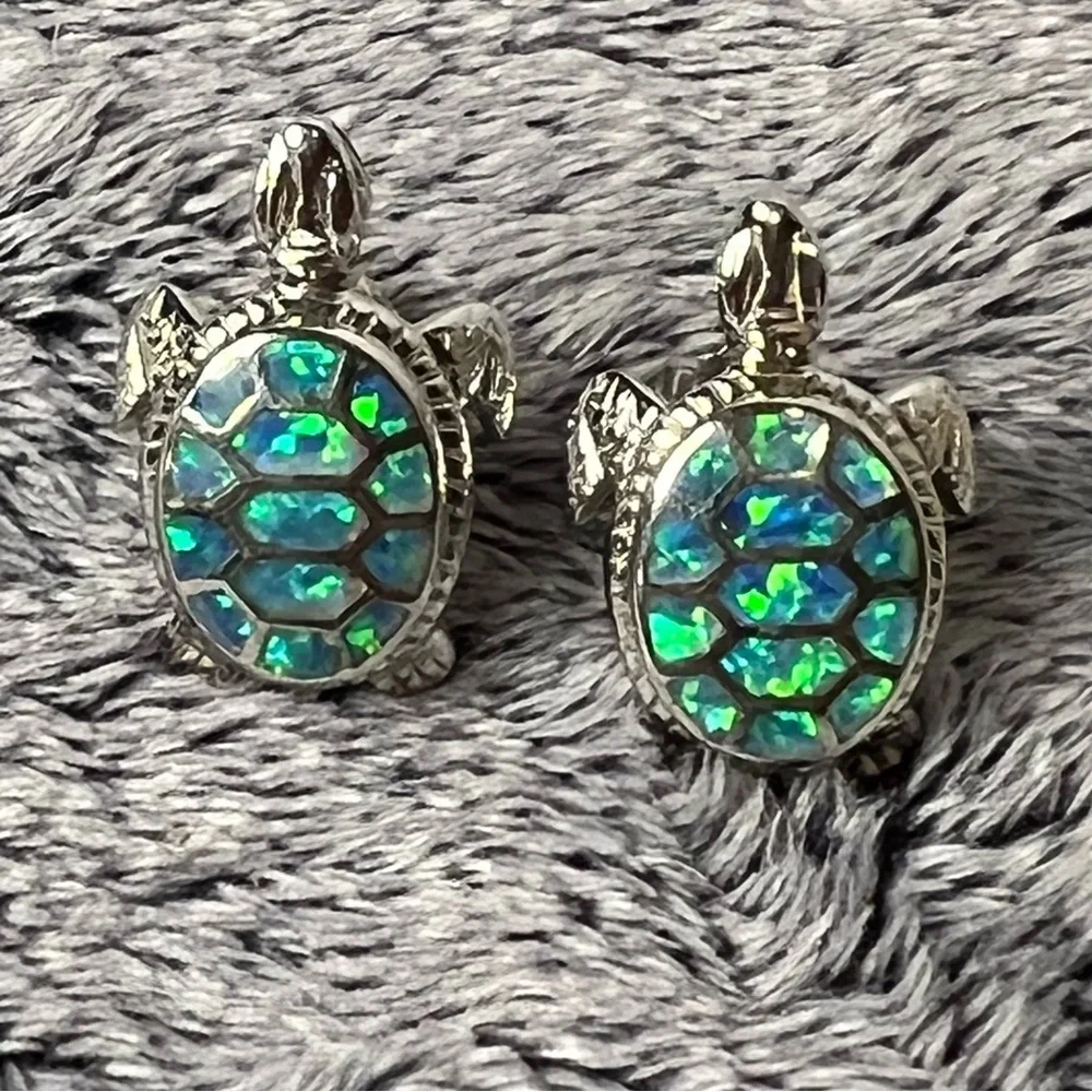 Sterling Silver Opal Sea Turtle Necklace Matching Earrings  Set